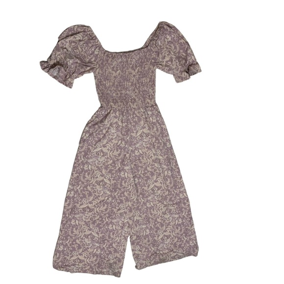 Wayf Violet Floral Ruffle Puff Sleeve Smocked Boho Cropped Wide Leg Jumpsuit  XS - Picture 2 of 10